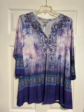 Catherines Purple Tie-Dye Embroidered Flutter Sleeve Tunic Top